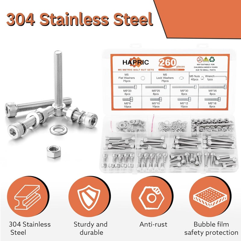 Hapric 260 Pcs M5 Screws Assortment Kit, M5 Bolts Kit M5x 8/10/12/16/20/25/30/35mm, 304 Stainless Steel Hex Socket Head Screws Nuts Bolts and Washers Set - Image 5
